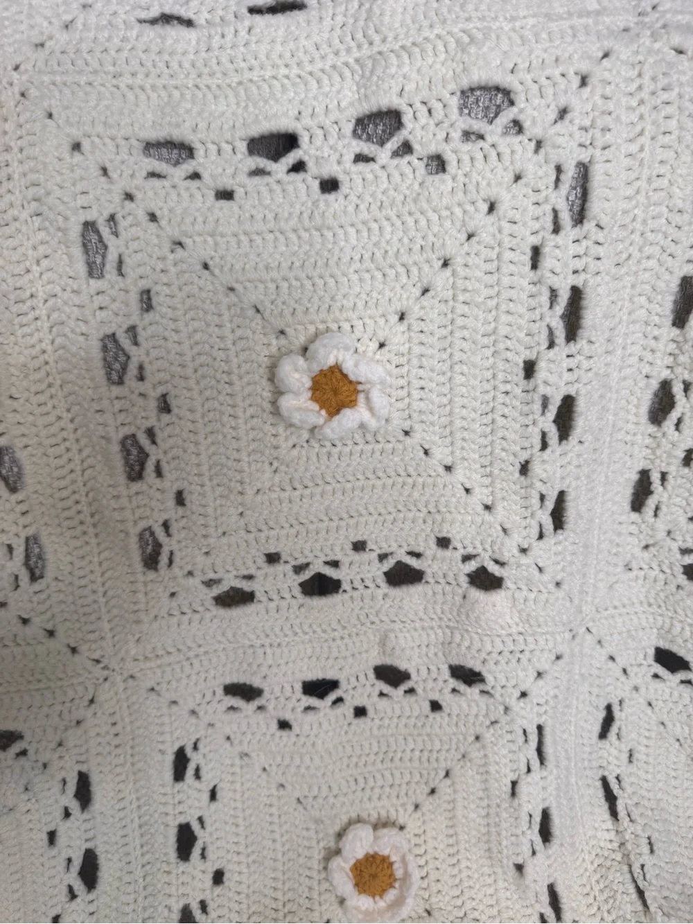 Vintage Handmade Knit Granny Square Floral Daisy Throw Blanket Cream 53x41